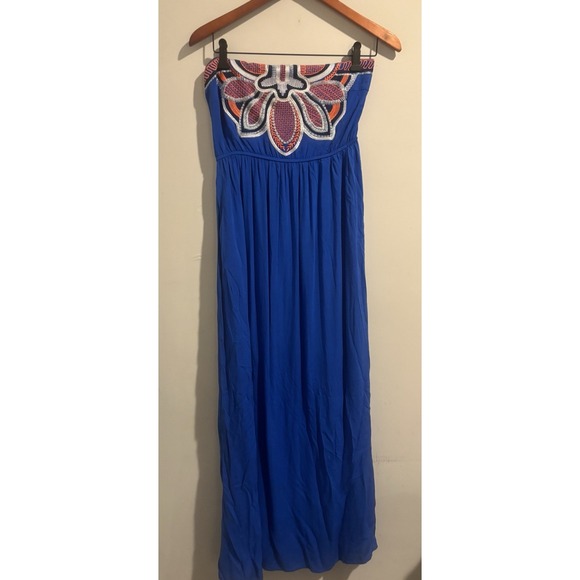 West‎ 36th Dress Women's Strapless L Royal Blue Maxi Long Orange Floral Tropical - Picture 1 of 8